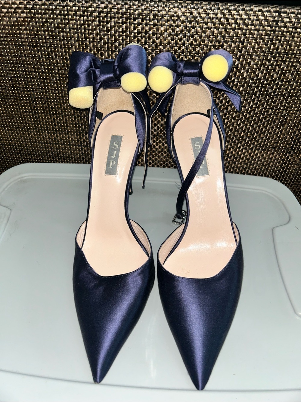 SJP by Sarah Jessica Parker Navy Satin Pointed Toe Pumps with Yellow Pom Bows